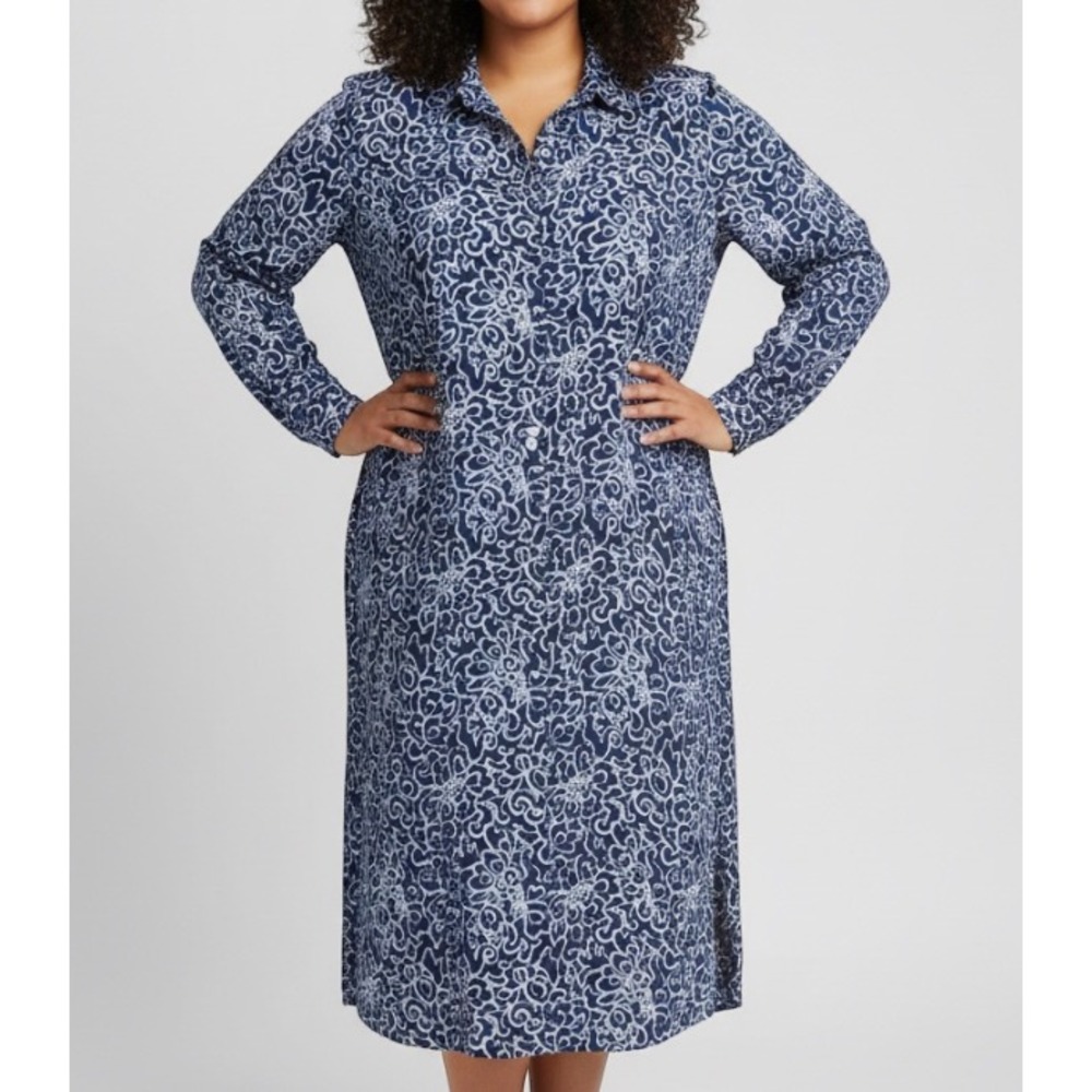 Vtg SCHRADER SPORT Blue SATIN Floral Patter Hidden Button-Down Shirt Dress 22W